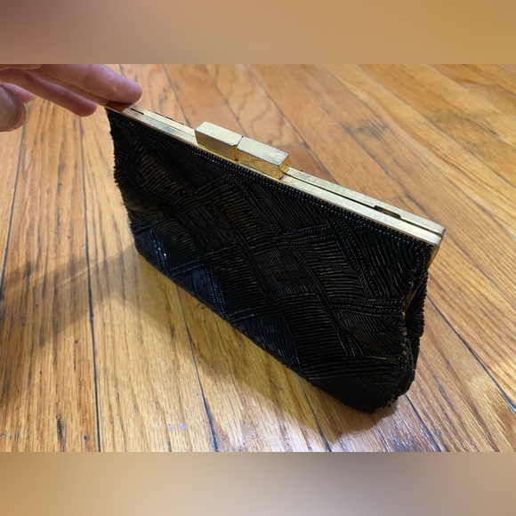 Vintage Lord & Taylor: All-black, checkered sequin clutch with gold detailing
